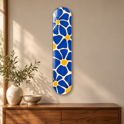 Krem Zeminde Kobalt Mavi Çiçekler Dikey Skate Board Cam Tablo - antre ve konsol