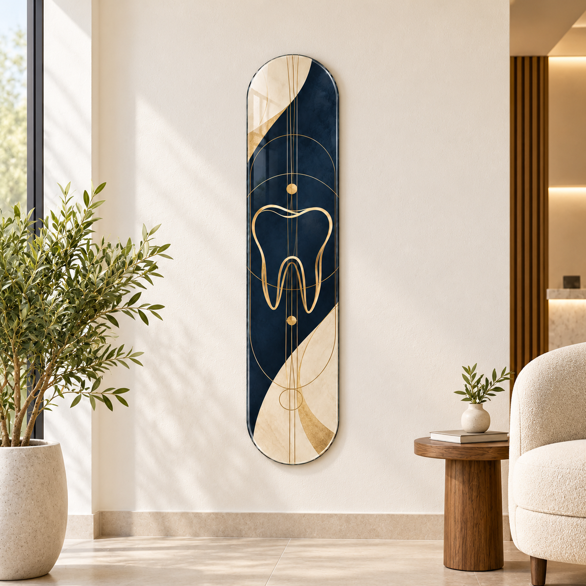 Altın Çizgi ve Lacivert Diş Dikey Skate Board Cam Tablo - klinik bekleme alani