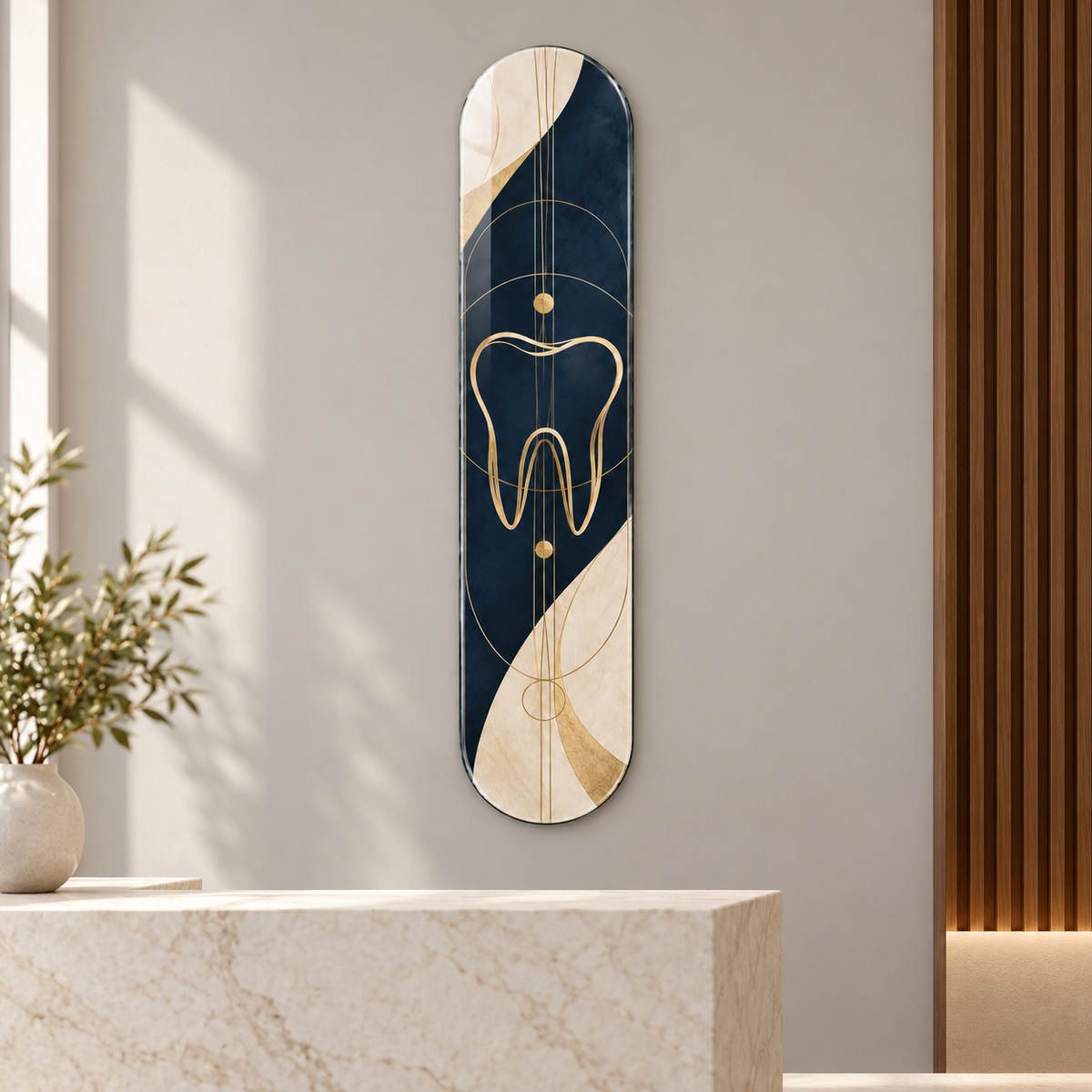 Altın Çizgi ve Lacivert Diş Dikey Skate Board Cam Tablo - klinik resepsiyonu
