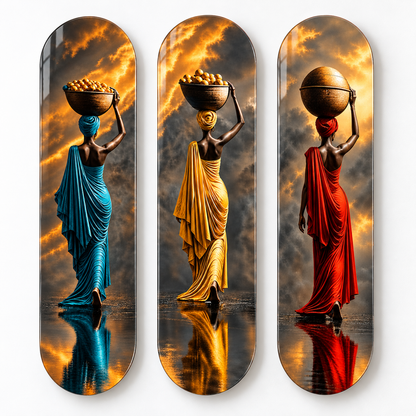 Altın Gökyüzü Afrikalı Kadınlar Üçlü Dikey Skateboard Kombin Cam Tablo - beyaz vitrin