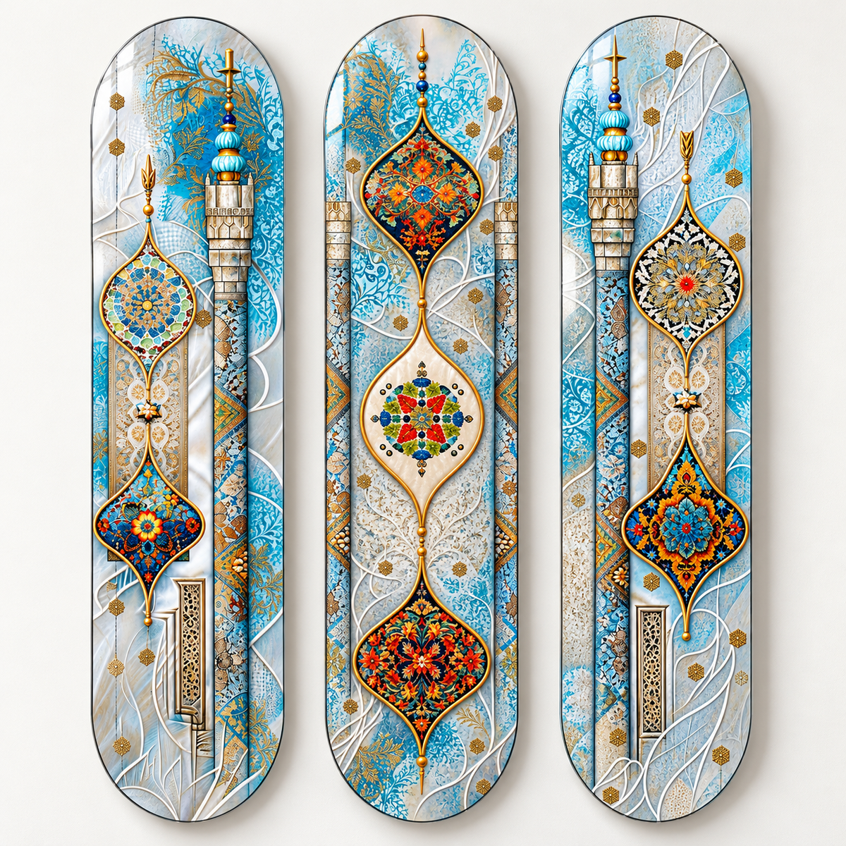 Turkuaz ve Gümüş Motifler üçlü dikey skateboard cam tablo - Düz hizalı beyaz zemin vitrin