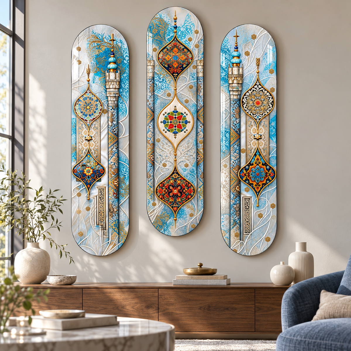 Turkuaz ve Gümüş Motifler üçlü dikey skateboard cam tablo - Ortası yüksek salon yerleşimi