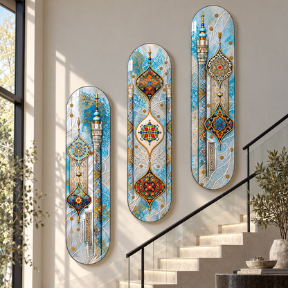 Turkuaz ve Gümüş Motifler üçlü dikey skateboard cam tablo - Merdiven boyunca yükselen yerleşim