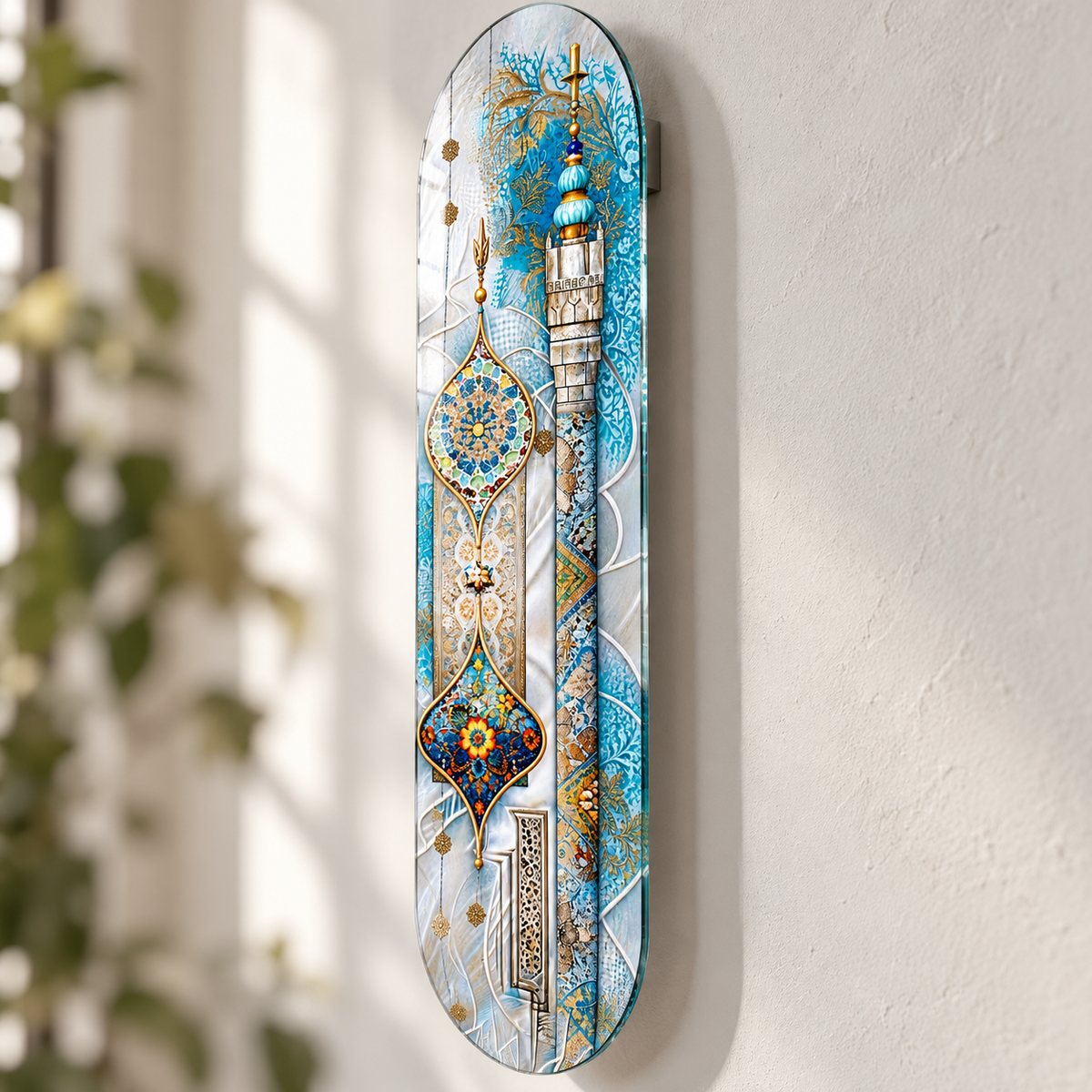 Turkuaz ve Gümüş Motifler üçlü dikey skateboard cam tablo - Duvardan uzaklık ve yüzer görünüm
