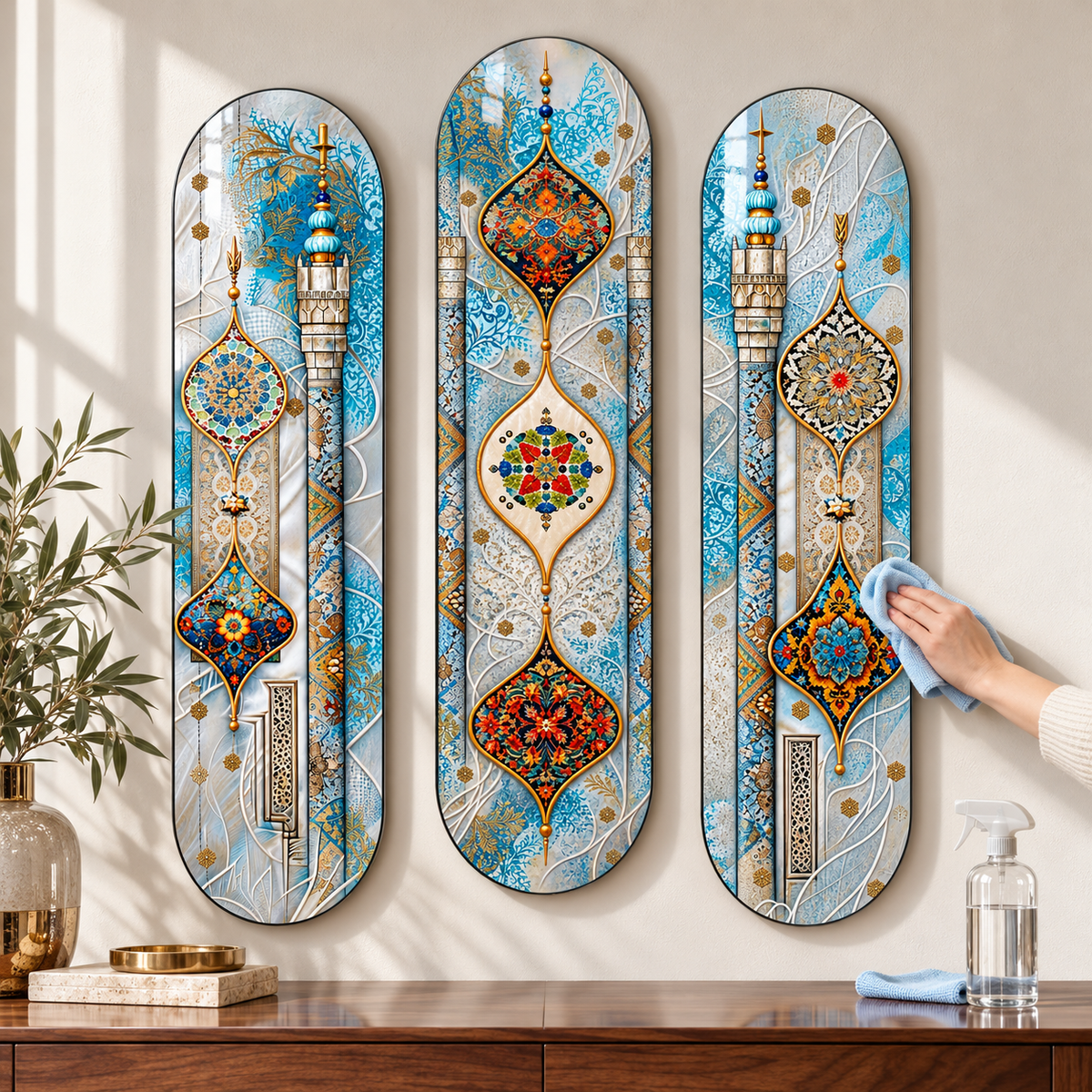Turkuaz ve Gümüş Motifler üçlü dikey skateboard cam tablo - Mikrofiber bez ve cam temizleyici