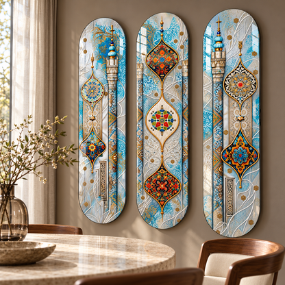 Turkuaz ve Gümüş Motifler üçlü dikey skateboard cam tablo - Yemek odasında düz hizalı yerleşim