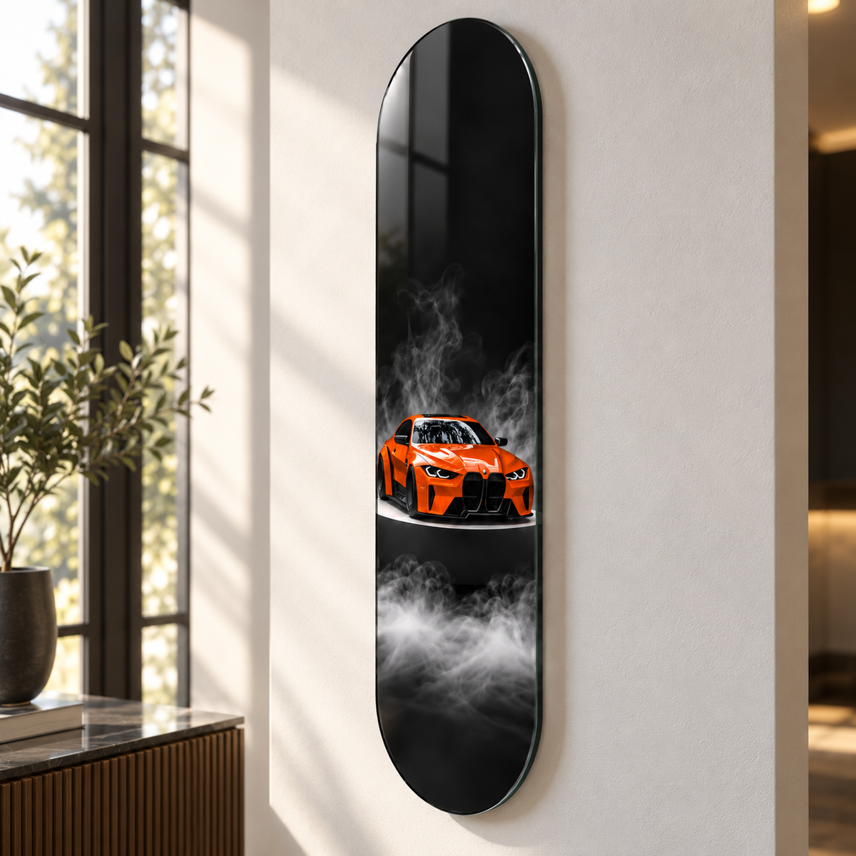 Dumanlı Zeminde Turuncu Spor Otomobil Dikey Skate Board Cam Tablo – Açılı görünüm