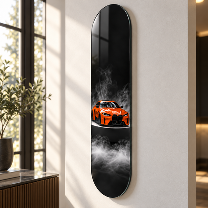 Dumanlı Zeminde Turuncu Spor Otomobil Dikey Skate Board Cam Tablo – Açılı görünüm