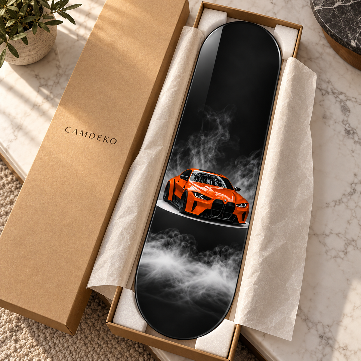 Dumanlı Zeminde Turuncu Spor Otomobil Dikey Skate Board Cam Tablo – Kutulama