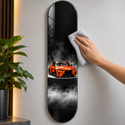 Dumanlı Zeminde Turuncu Spor Otomobil Dikey Skate Board Cam Tablo – Bakım