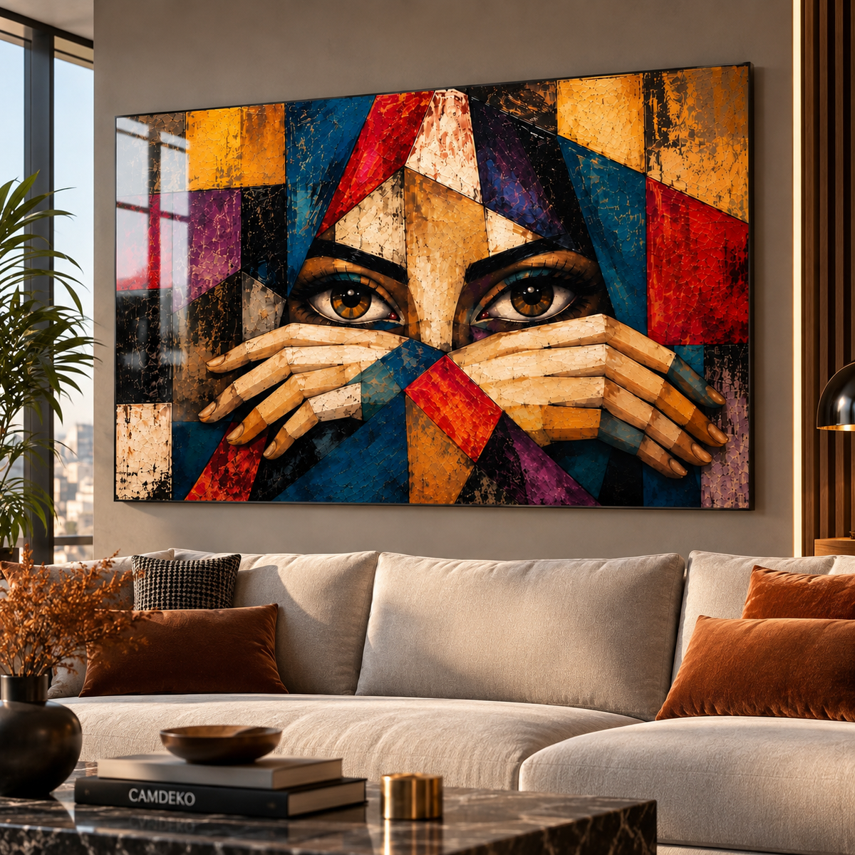 Geometrik kadın portresi yatay cam tablo yaşam alanı