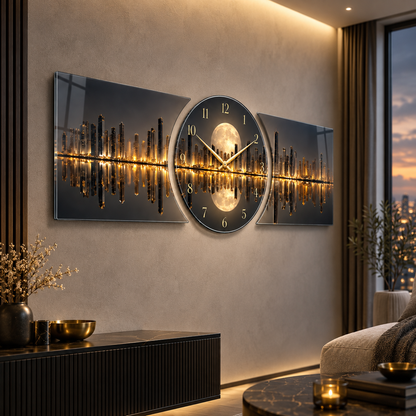 Gold ay ışığı şehir manzarası saatli şekilli kesim cam saat alternatif salon görünümü