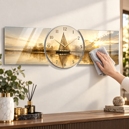 Gold gün batımı yelkenli saatli cam tablo kolay temizlik detayı