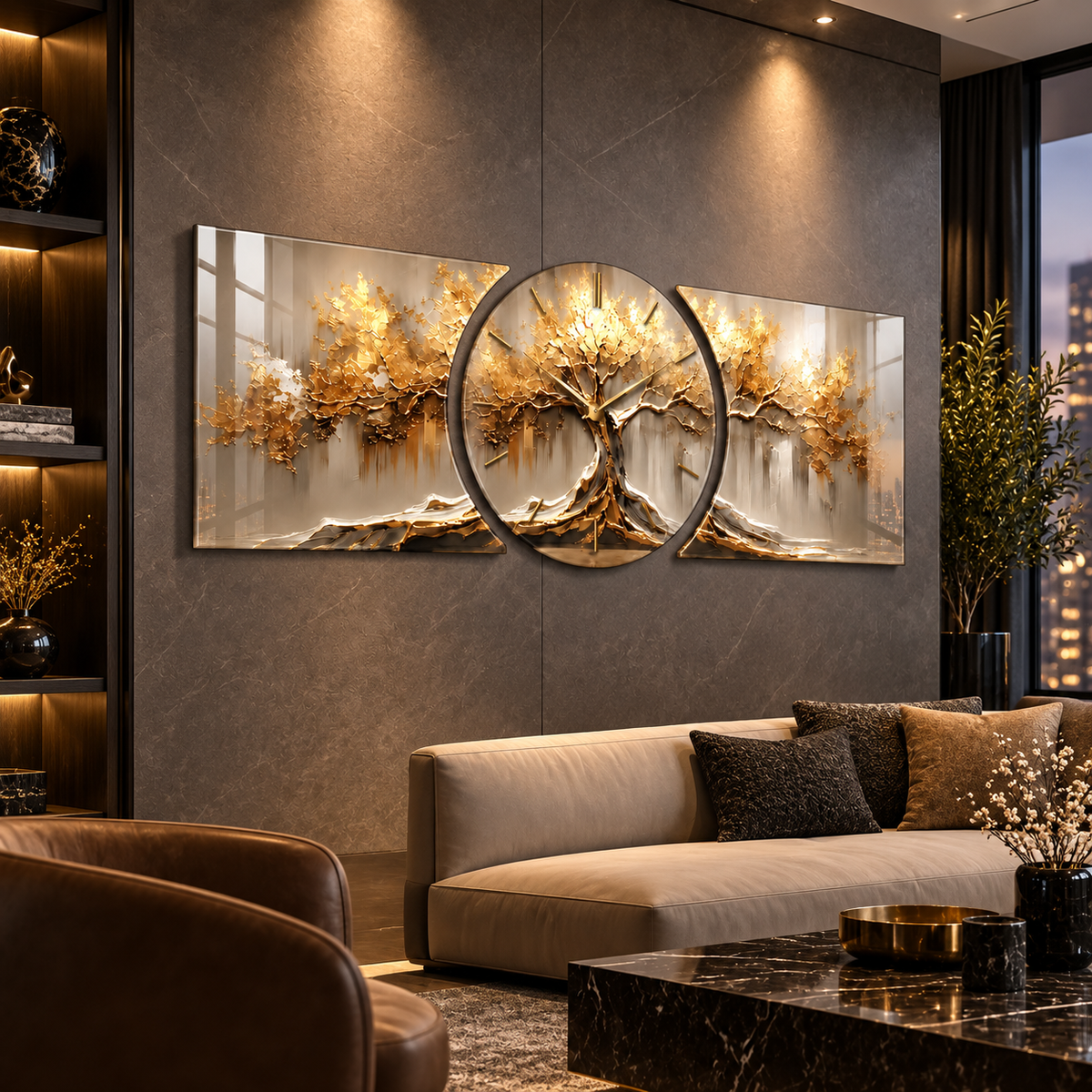 Gold hayat ağacı üç parçalı CAMDEKO cam saat seti premium salon duvarında