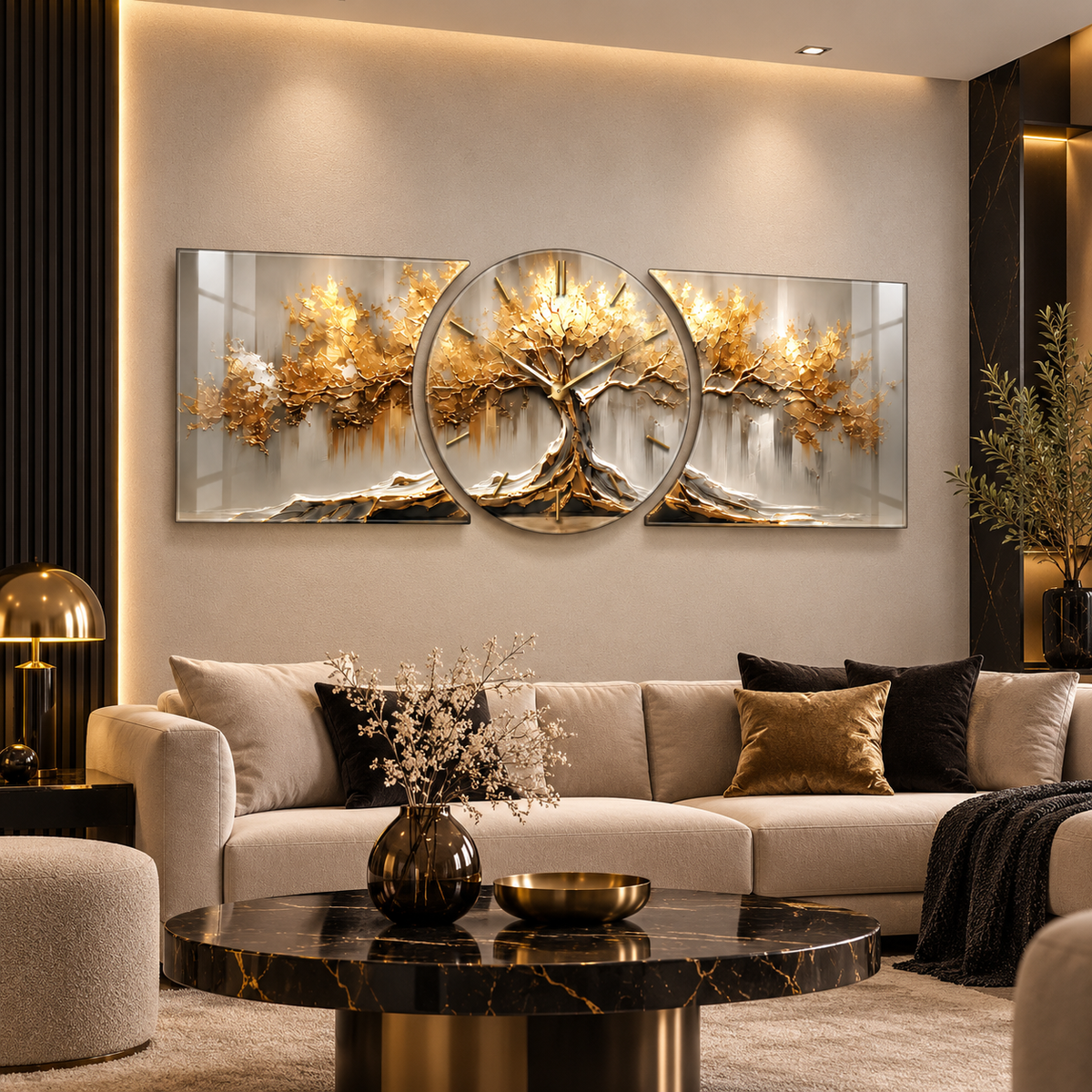 Gold hayat ağacı üç parçalı şekilli kesim cam saat seti koyu tonlu lüks salon duvarında