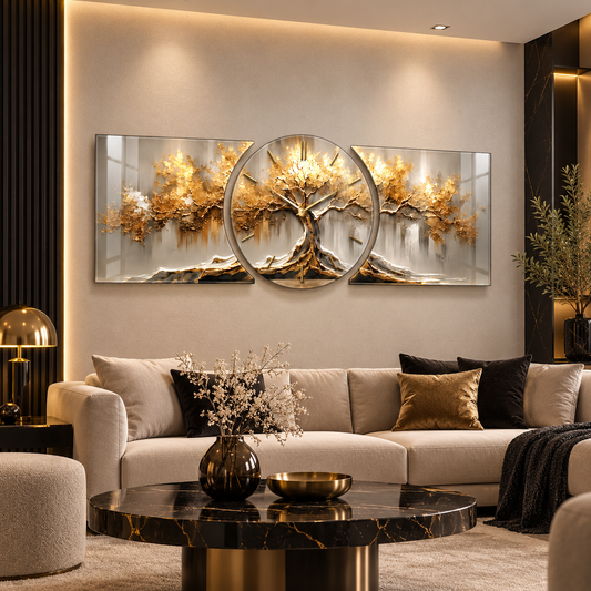 Gold hayat ağacı üç parçalı şekilli kesim cam saat seti koyu tonlu lüks salon duvarında