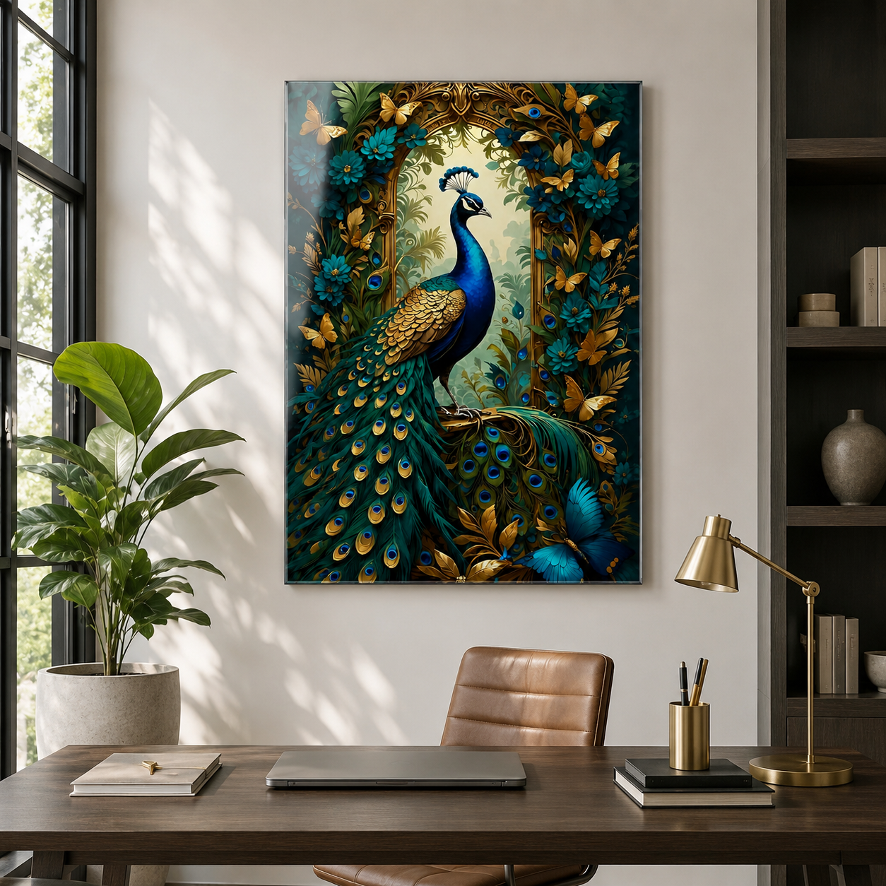 Gold kelebekli zümrüt tavus kuşu dikey cam tablo modern çalışma odası mockup