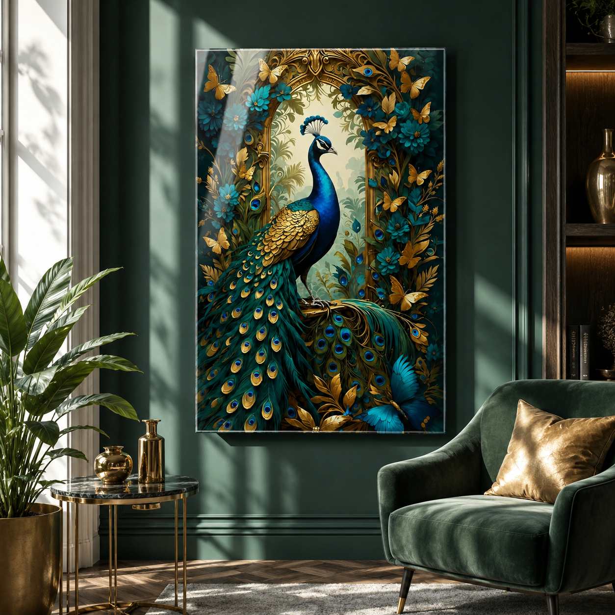 Gold kelebekli zümrüt tavus kuşu dikey cam tablo zümrüt tonlu okuma köşesi mockup