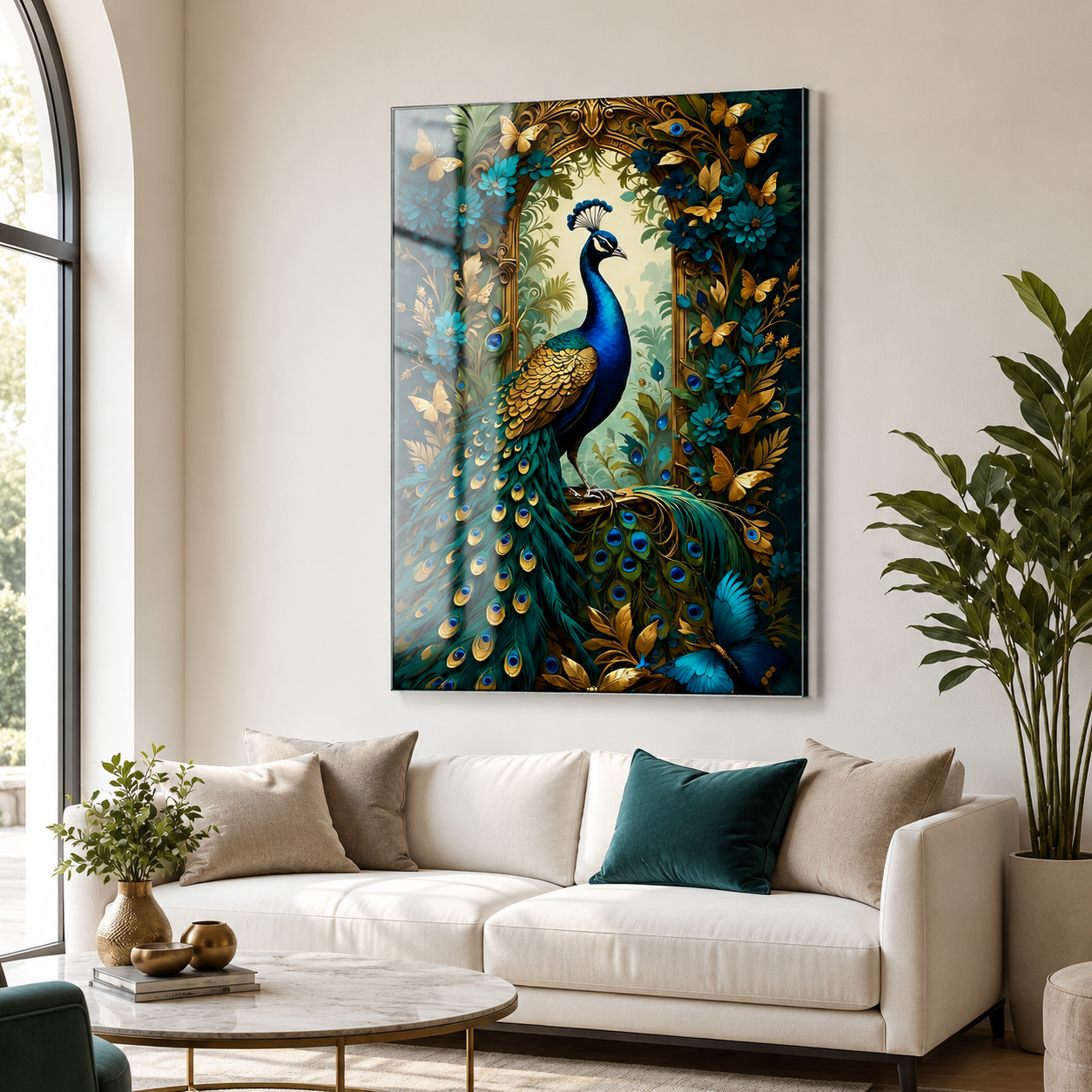 Gold kelebekli zümrüt tavus kuşu dikey cam tablo modern salon mockup