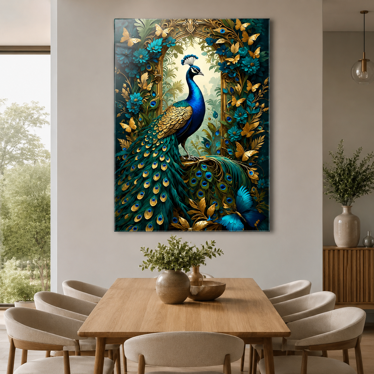 Gold kelebekli zümrüt tavus kuşu dikey cam tablo modern yemek odası mockup