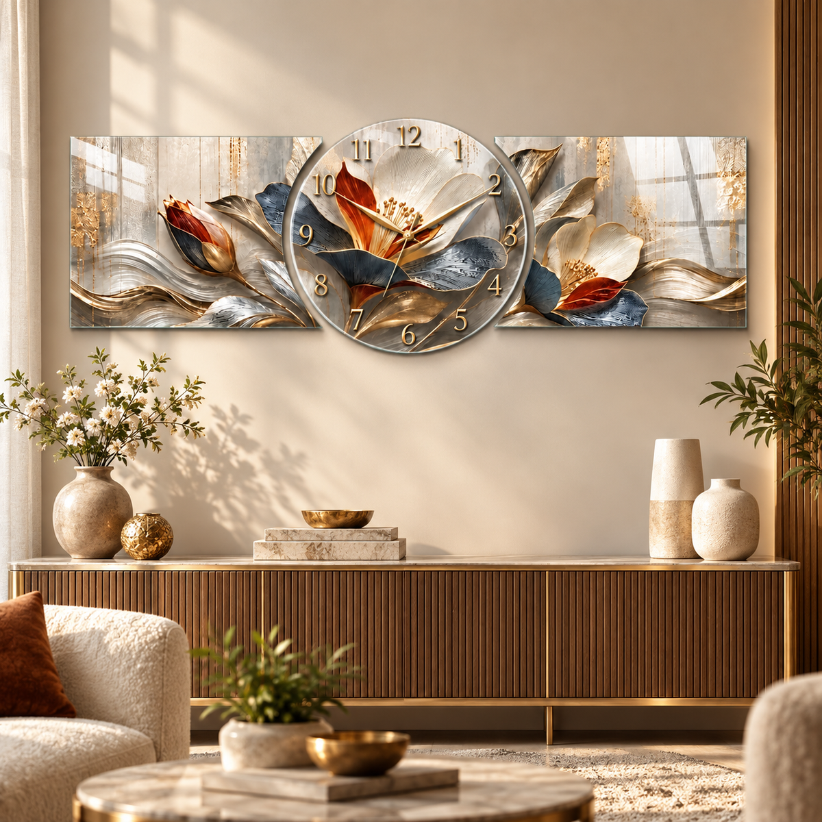 Gold lacivert krem çiçek saatli cam tablo modern salon görünümü