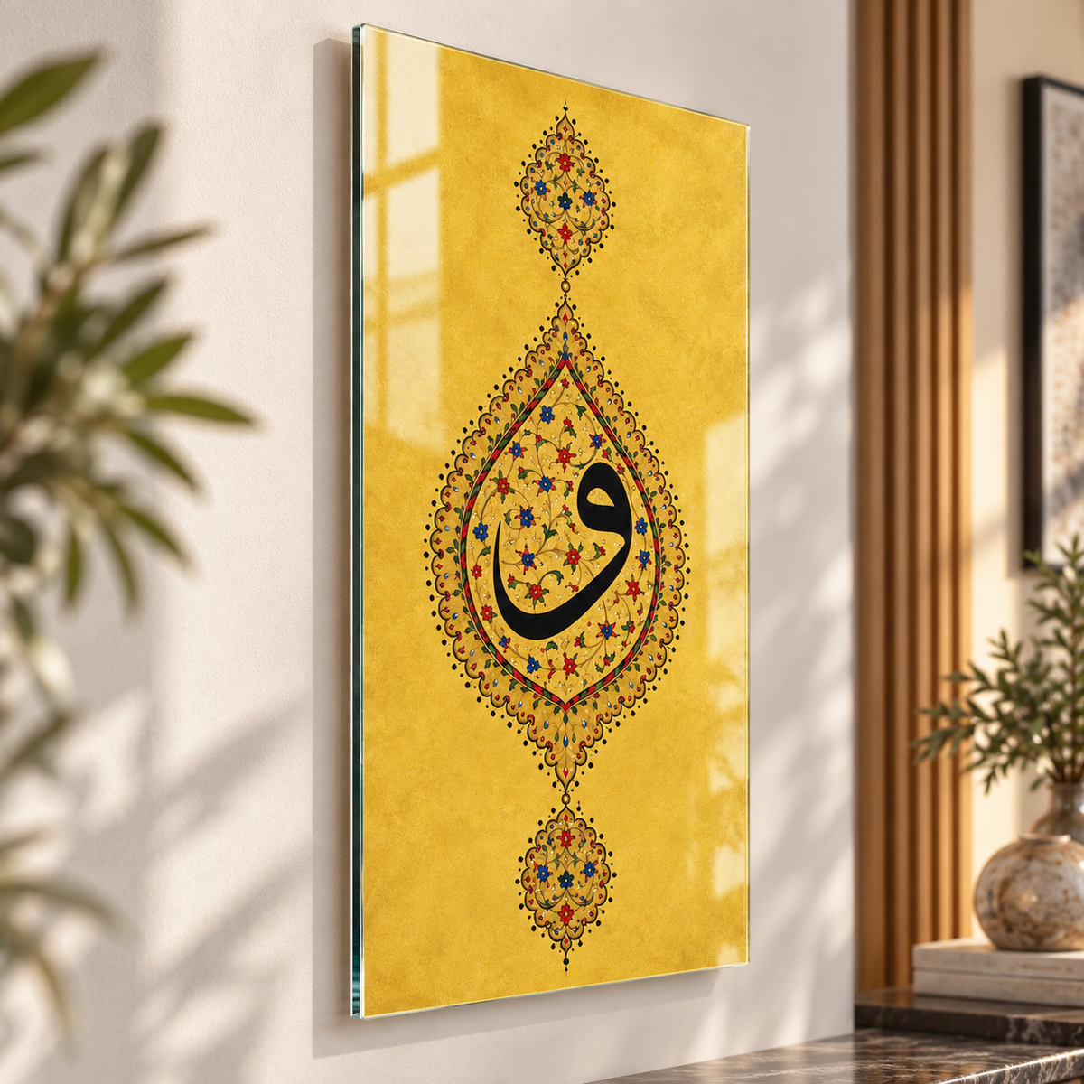 Gold Tezhip Vav Harfi Dikey Cam Tablo ince cam kenar ve açı görünümü