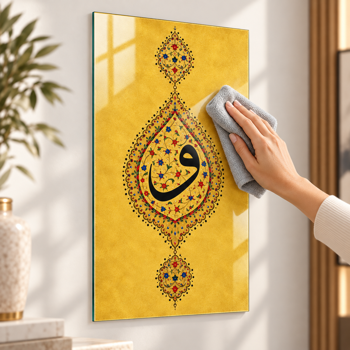 Gold Tezhip Vav Harfi Dikey Cam Tablo kolay temizlik ve gerçek cam yüzey detayı