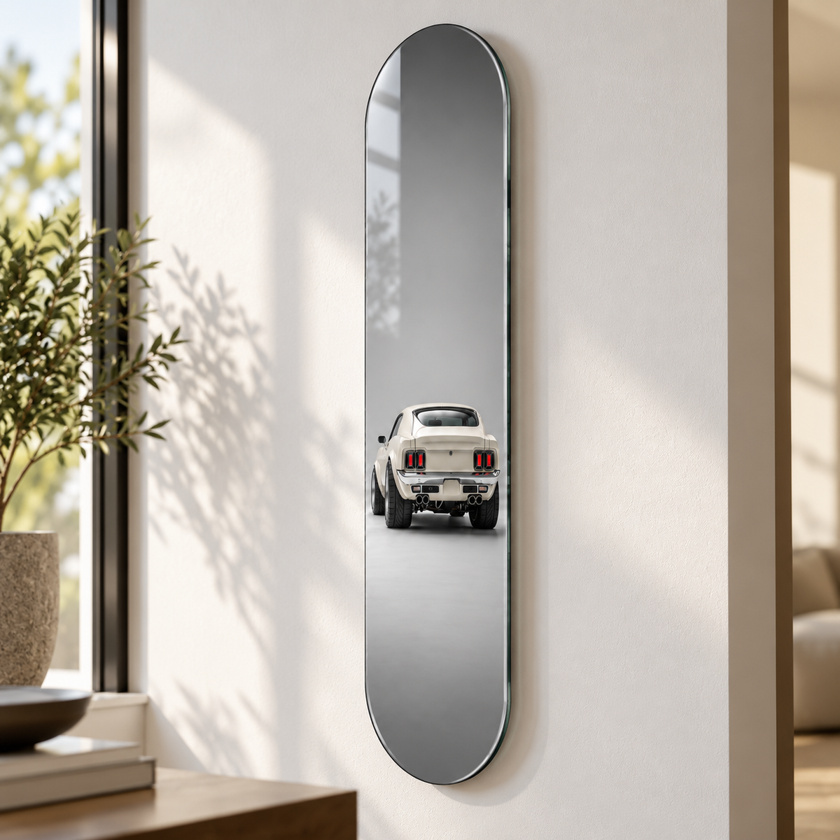 Gri Zeminde Beyaz Klasik Mustang Dikey Skate Board Cam Tablo – Duvardan mesafe