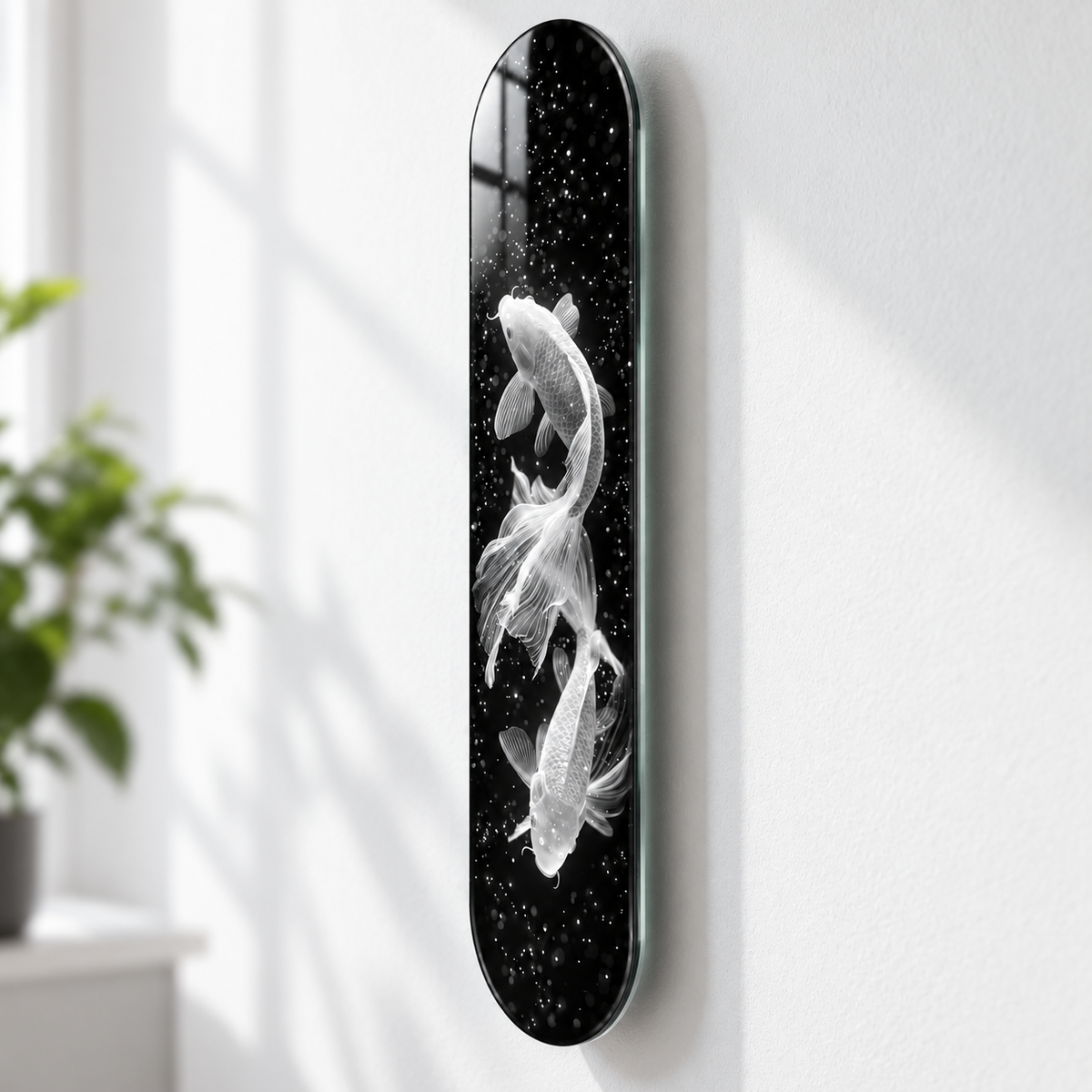 Işıltılı Beyaz Koi Balıkları Dikey Skate Board Cam Tablo – Duvar mesafesi