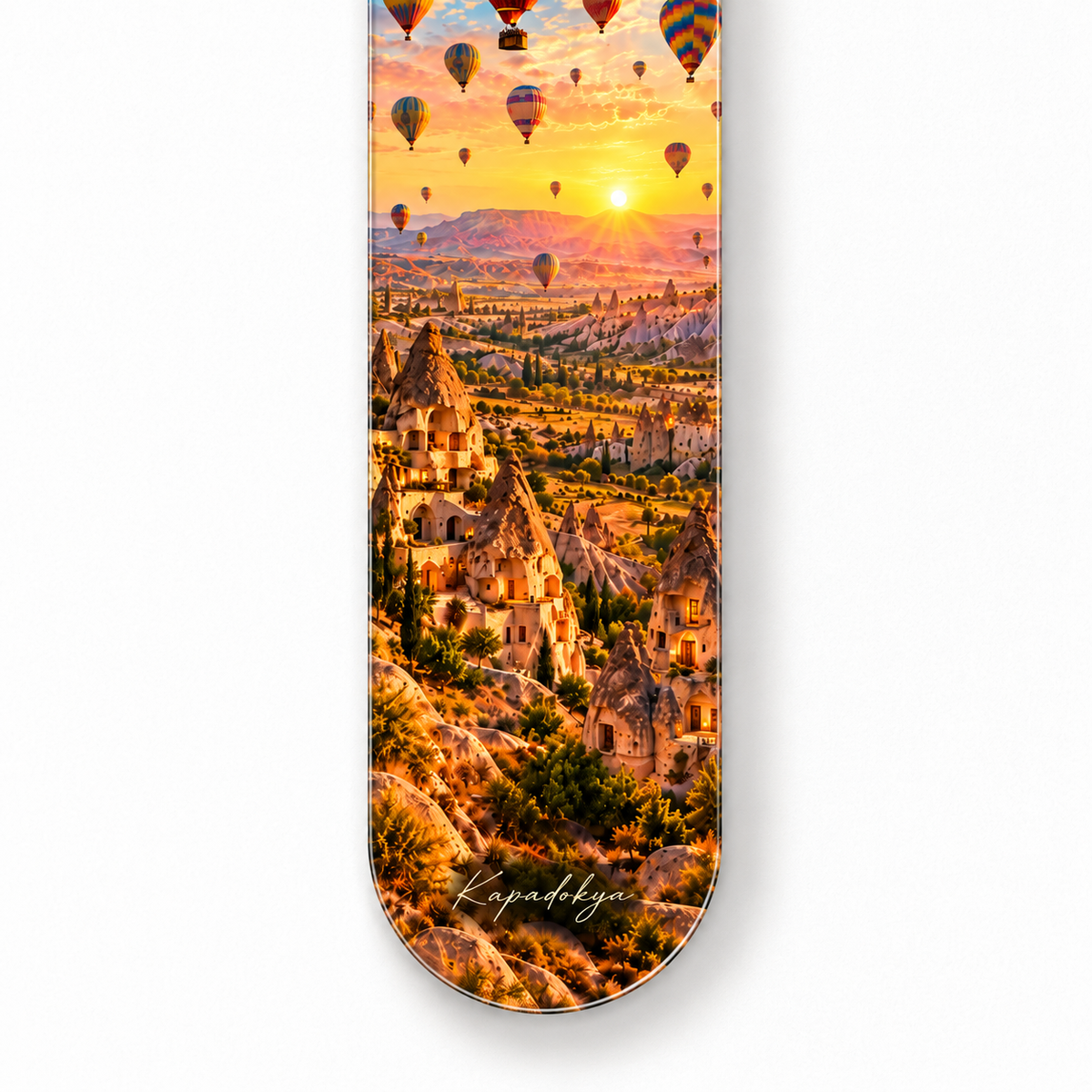 Kapadokya Balonları ve Gün Doğumu Dikey Skate Board Cam Tablo — Yuvarlak alt kenar detayı