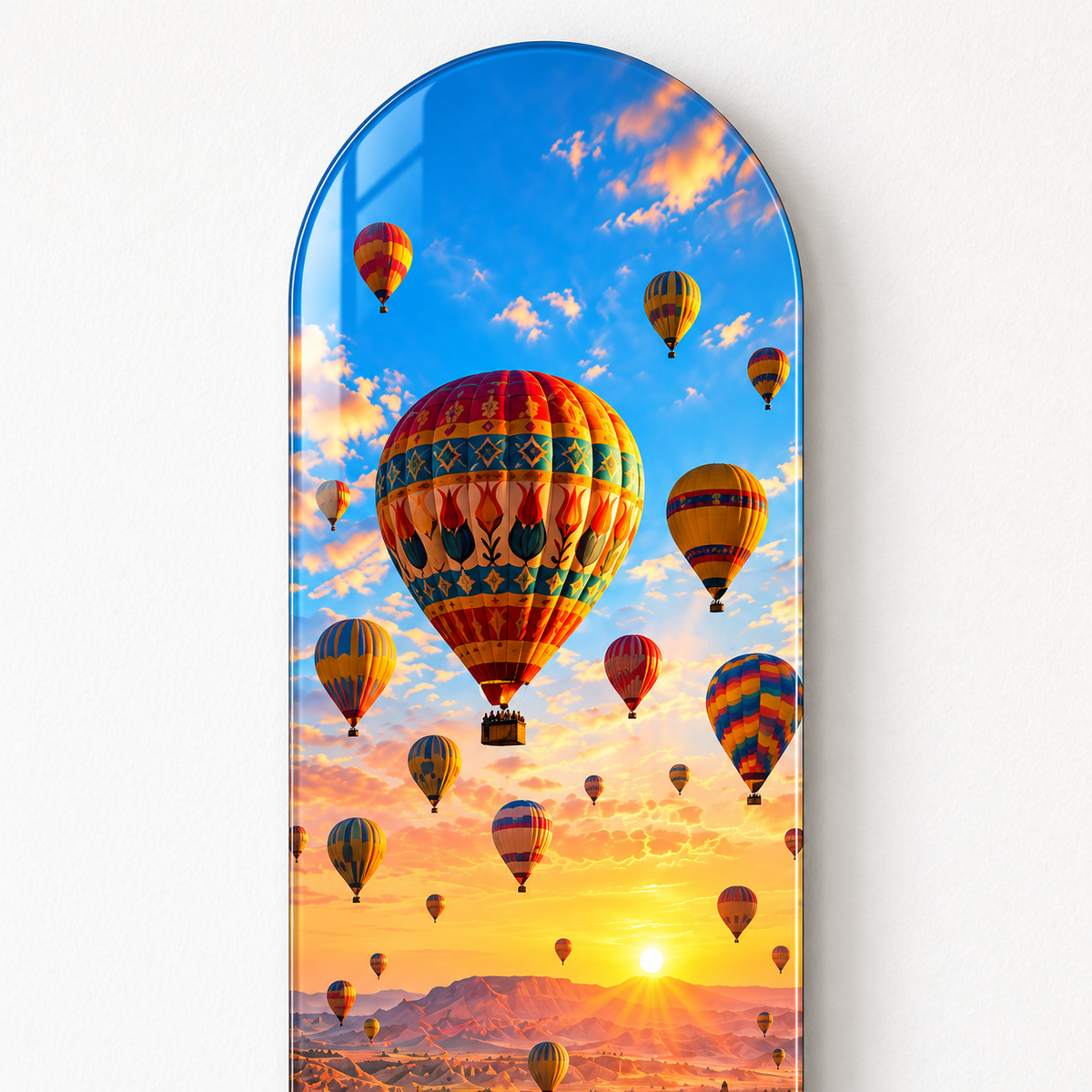 Kapadokya Balonları ve Gün Doğumu Dikey Skate Board Cam Tablo — UV baskı detayı
