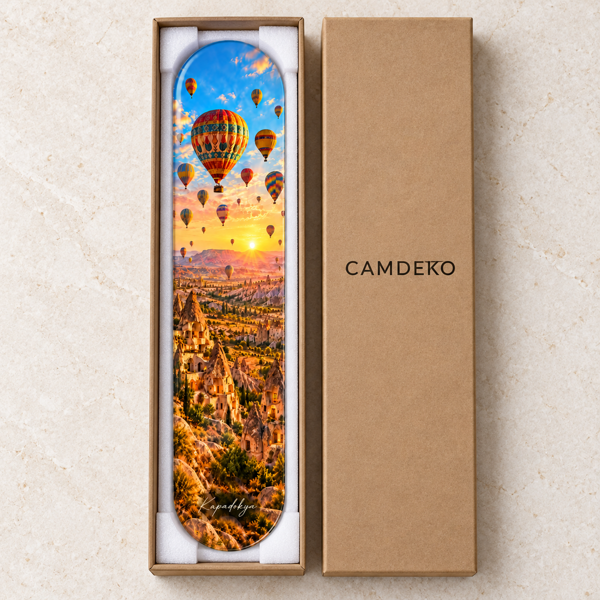 Kapadokya Balonları ve Gün Doğumu Dikey Skate Board Cam Tablo — CAMDEKO ambalajı