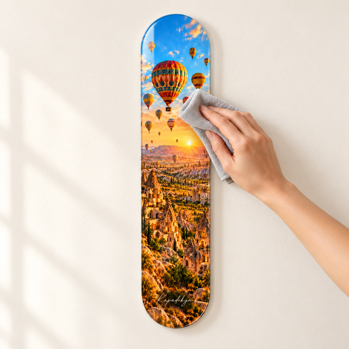 Kapadokya Balonları ve Gün Doğumu Dikey Skate Board Cam Tablo — Mikrofiber bezle bakım