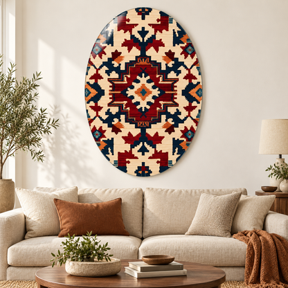 Bordo ve Lacivert Kilim Desenli Dikey Oval Cam Tablo - Premium salon