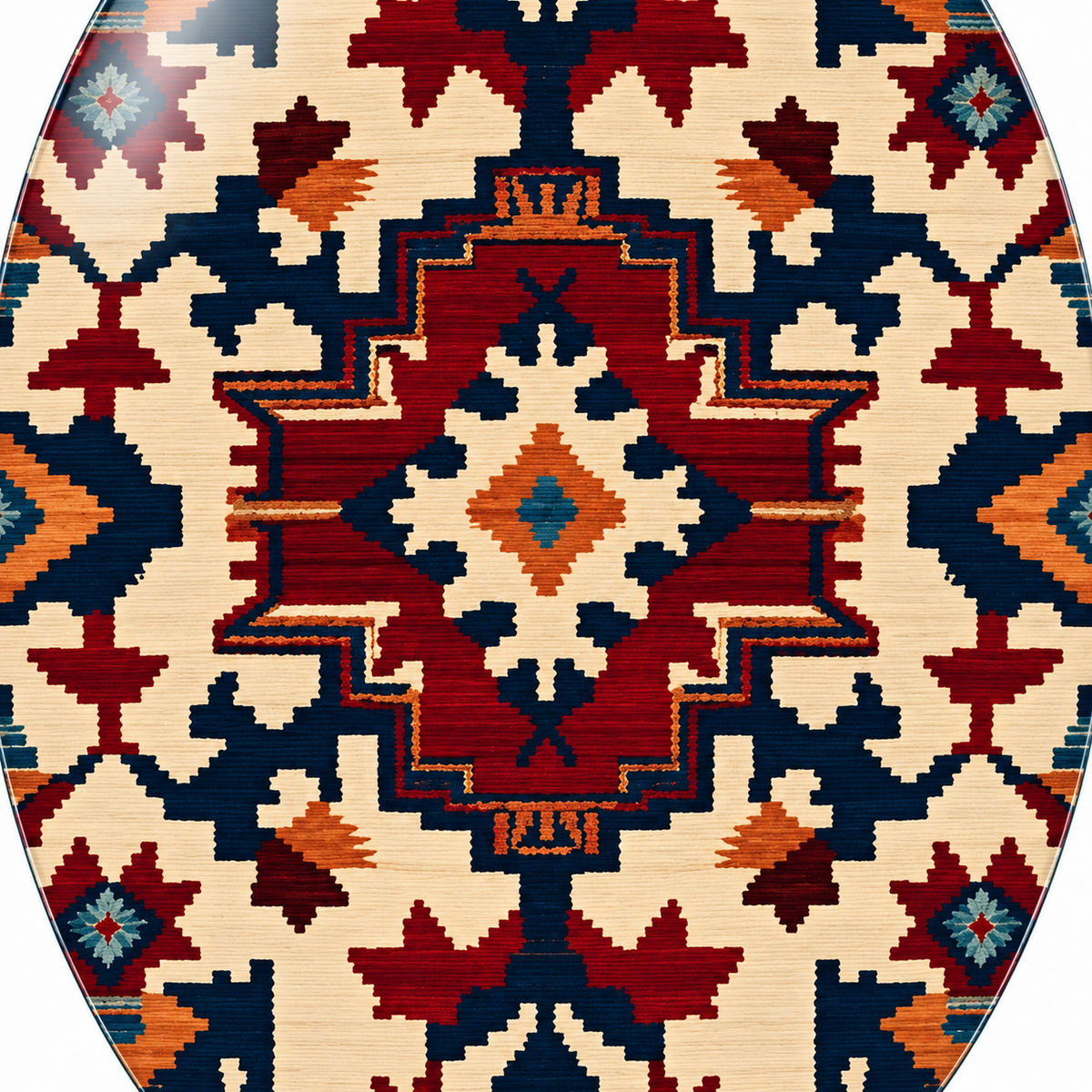Bordo ve Lacivert Kilim Desenli Dikey Oval Cam Tablo - UV baskı detayı
