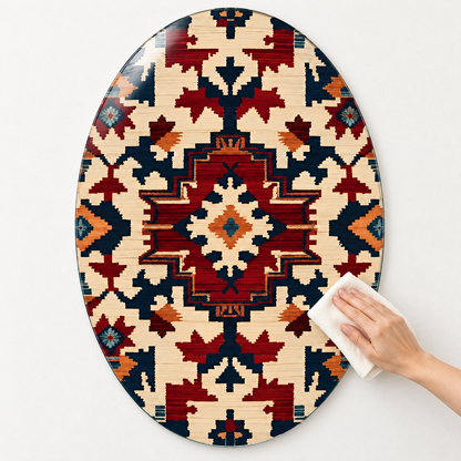 Bordo ve Lacivert Kilim Desenli Dikey Oval Cam Tablo - Mikrofiber bezle temizlik