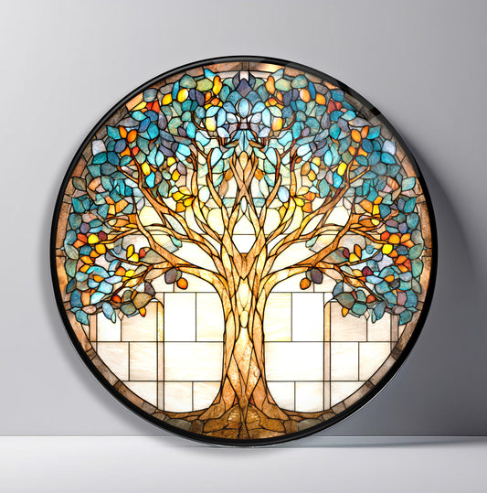 Vitray Desen Hayat Ağacı Yuvarlak Cam Tablo