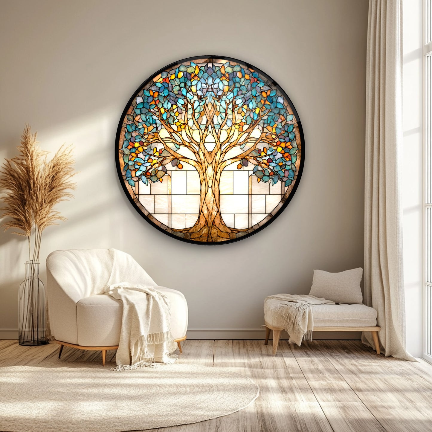 Vitray Desen Hayat Ağacı Yuvarlak Cam Tablo