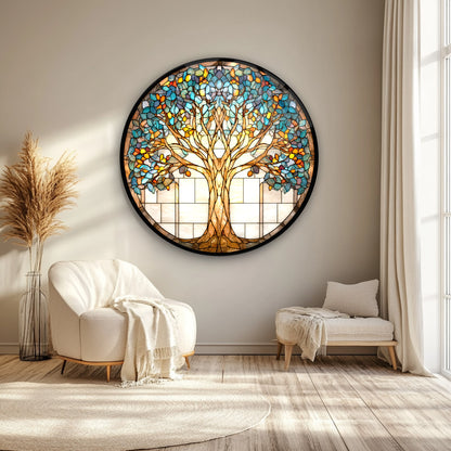 Vitray Desen Hayat Ağacı Yuvarlak Cam Tablo