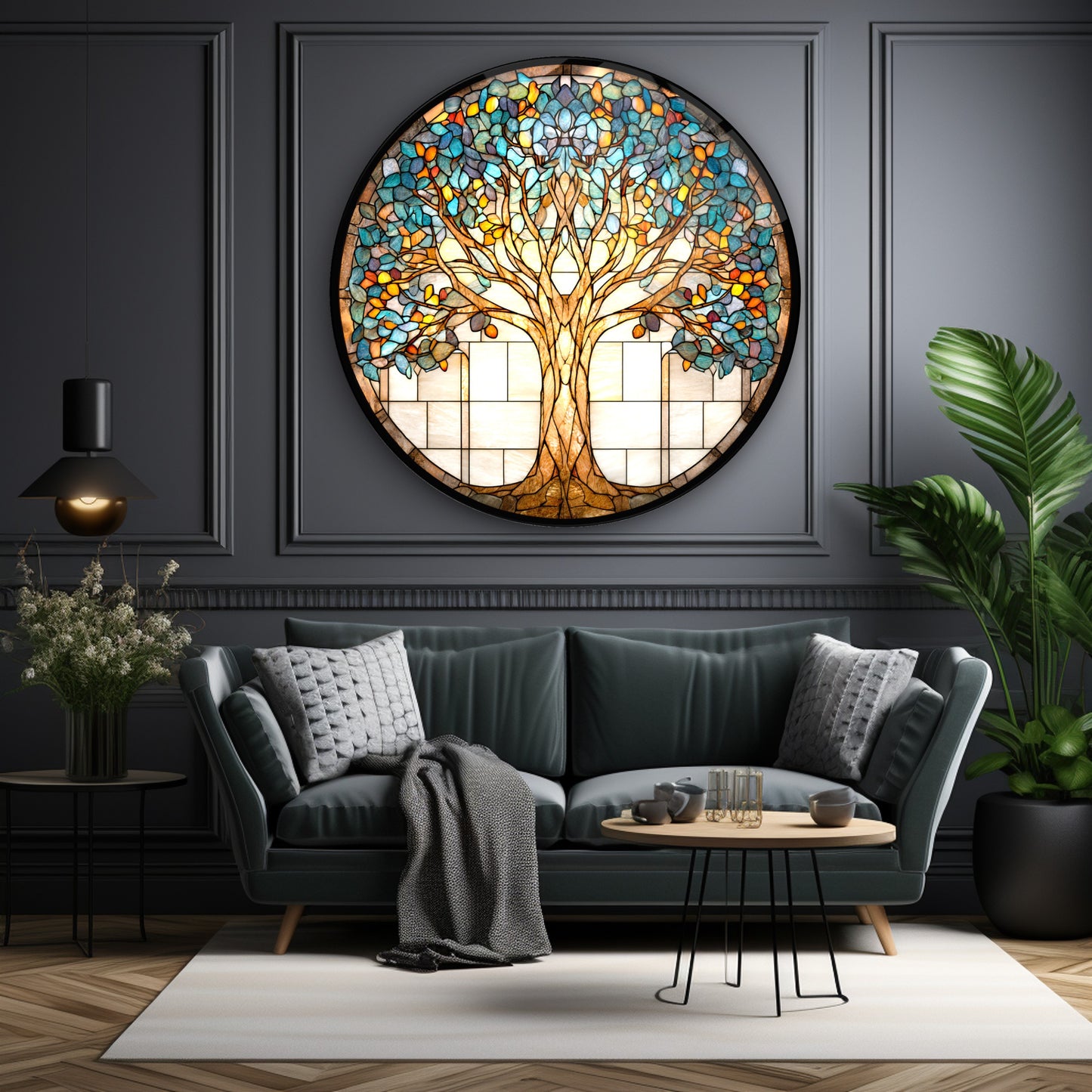Vitray Desen Hayat Ağacı Yuvarlak Cam Tablo