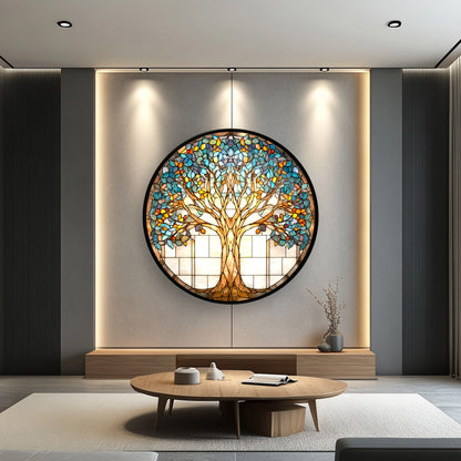 Vitray Desen Hayat Ağacı Yuvarlak Cam Tablo