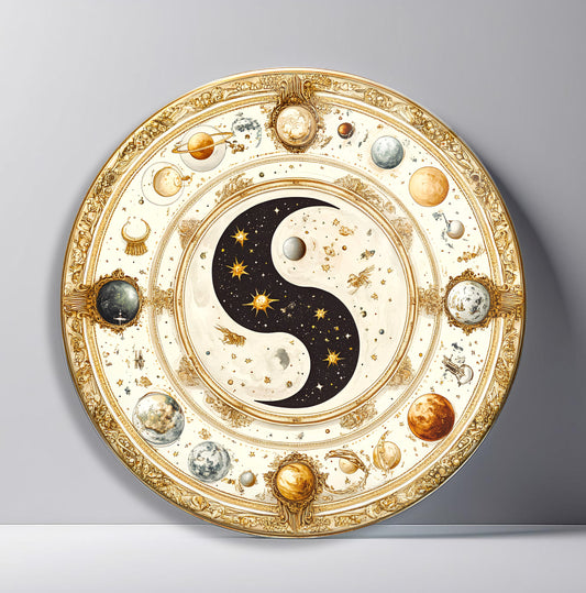 Ying Yang ve Gezegenler Yuvarlak Cam Tablo