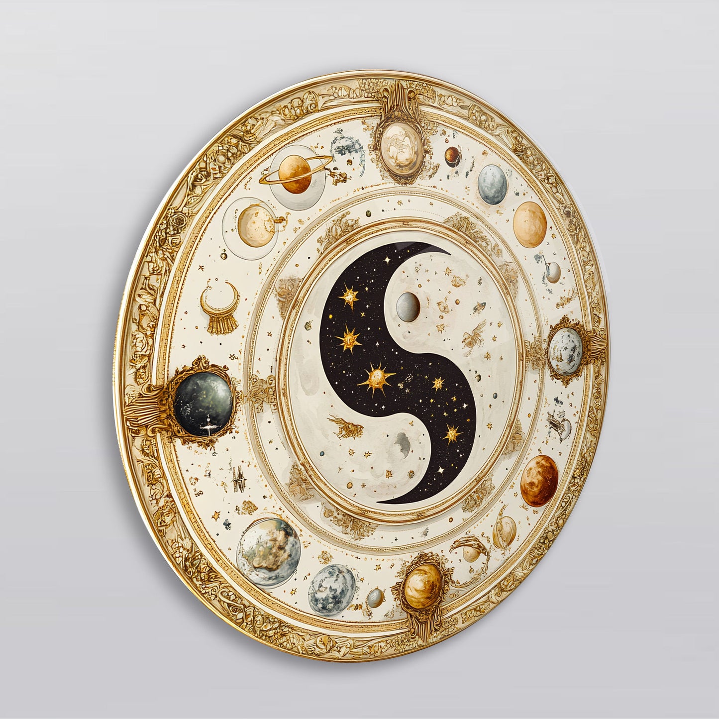 Ying Yang ve Gezegenler Yuvarlak Cam Tablo