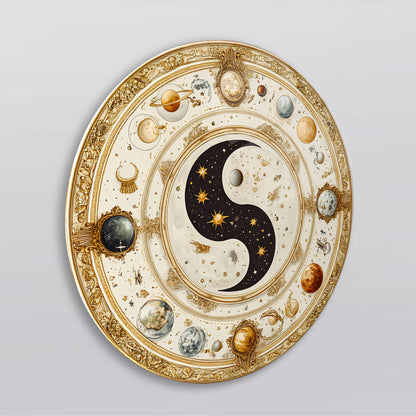 Ying Yang ve Gezegenler Yuvarlak Cam Tablo