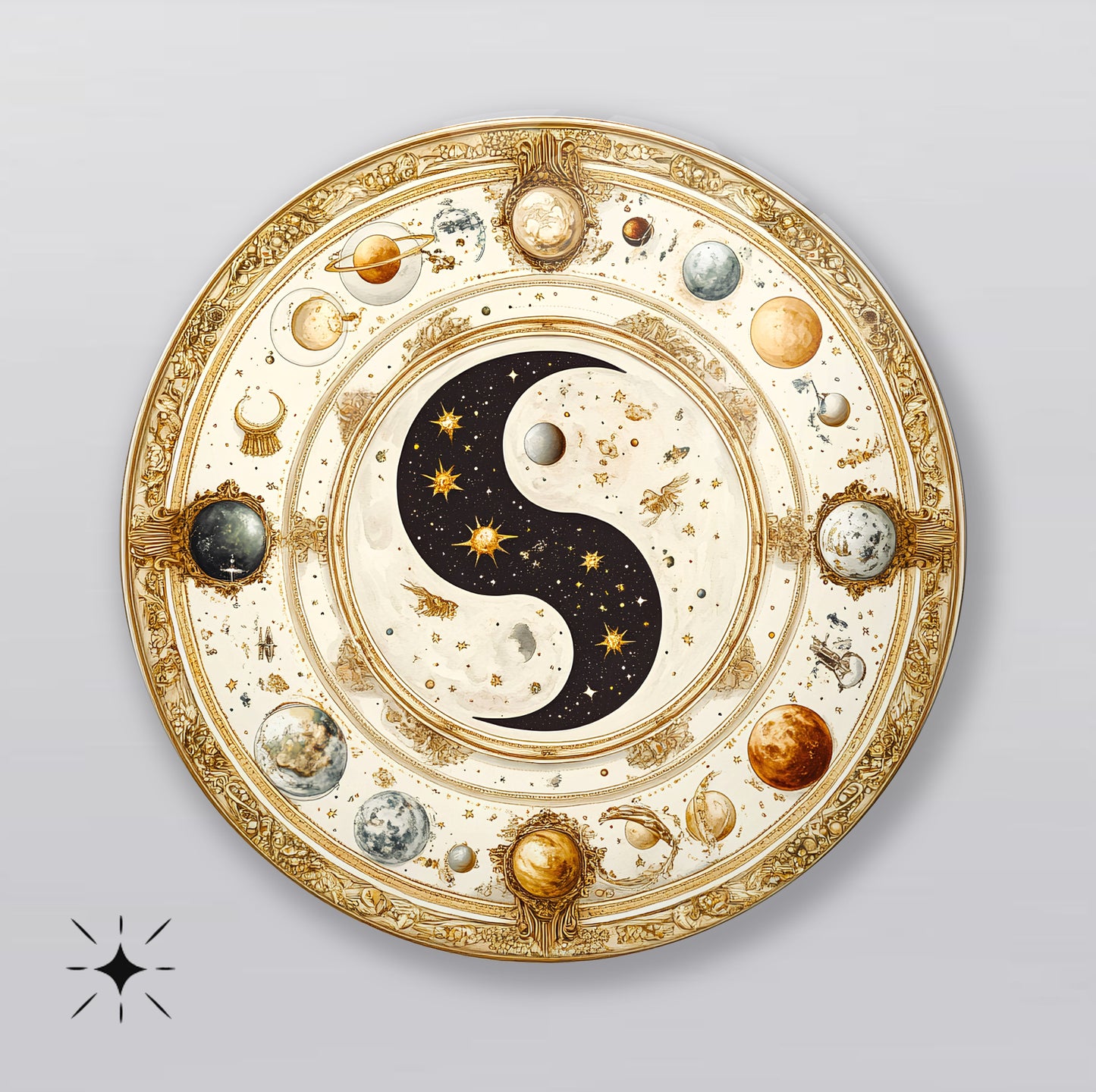 Ying Yang ve Gezegenler Yuvarlak Cam Tablo
