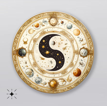 Ying Yang ve Gezegenler Yuvarlak Cam Tablo