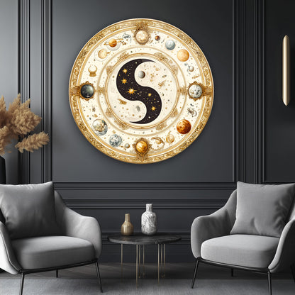 Ying Yang ve Gezegenler Yuvarlak Cam Tablo