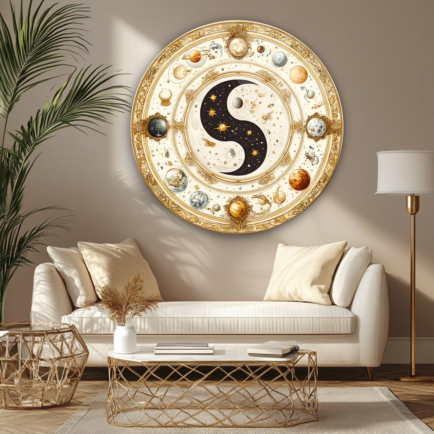 Ying Yang ve Gezegenler Yuvarlak Cam Tablo