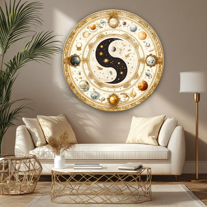 Ying Yang ve Gezegenler Yuvarlak Cam Tablo