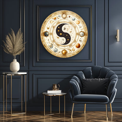 Ying Yang ve Gezegenler Yuvarlak Cam Tablo
